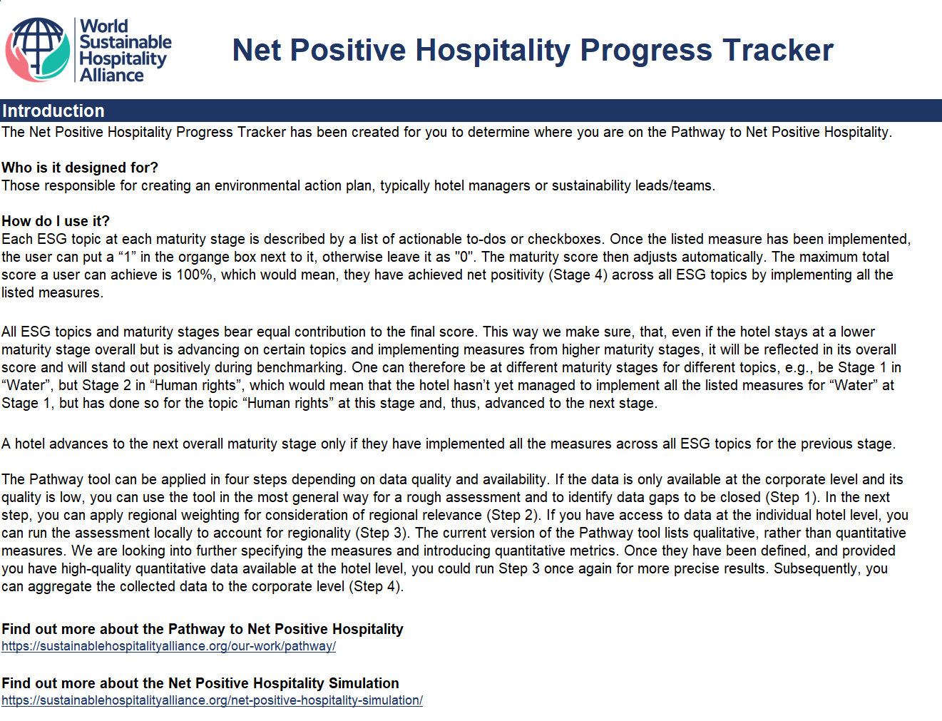 The Net Positive Hospitality Progress Tracker helps you to understand your position on the Pathway.