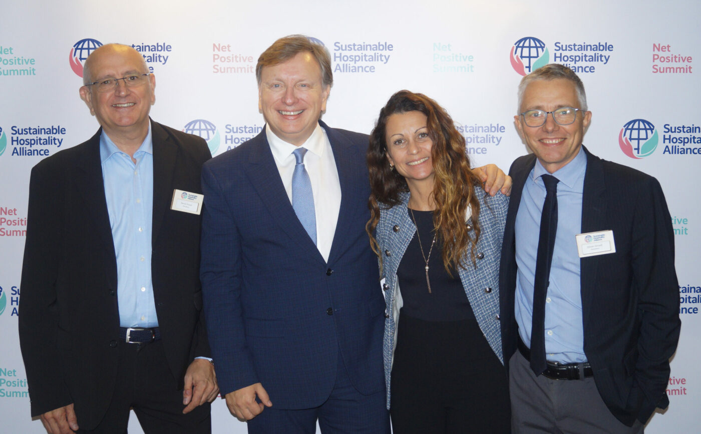 L-R, Herve Prezet - Vice President Industry & Expertise - Amadeus, Glenn Mandziuk - CEO - Sustainable Hospitality Alliance, Agnes Pierce - Global Head of Sustainability, Hospitality - Amadeus and Olivier Girault - Head of Sustainability Solutions - Amadeus