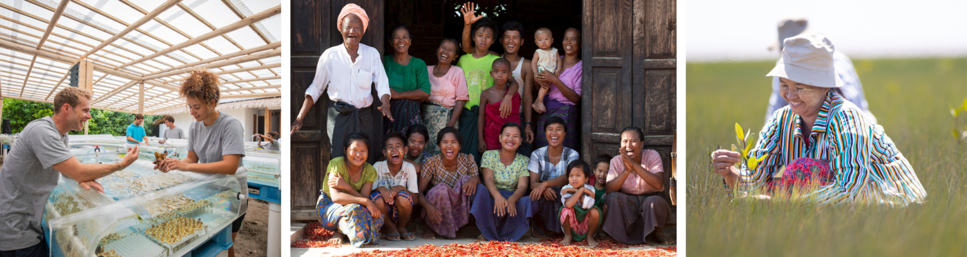 Image banner Left: Two people work together in a coral restoration facility, examining coral fragments in tanks under a transparent roof structure, showcasing marine conservation efforts. Center: A joyful group portrait of a multigenerational community in Myanmar, sitting and standing together outside a wooden home, representing the social impact of clean cookstove projects. Right: A woman smiles as she plants a young mangrove in a coastal wetland area, symbolizing environmental restoration and sustainable livelihoods.