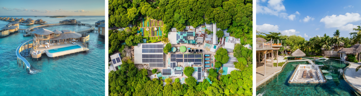 Image banner Left: A luxurious overwater villa at Soneva in the Maldives, with a water slide leading into a turquoise lagoon, reflecting sustainable luxury tourism. Center: Aerial view of a sustainability hub nestled in lush greenery, featuring extensive solar panels and garden plots, representing renewable energy initiatives. Right: A tranquil, eco-friendly resort pool surrounded by natural wooden structures and palm trees, demonstrating integration of sustainability in resort design.