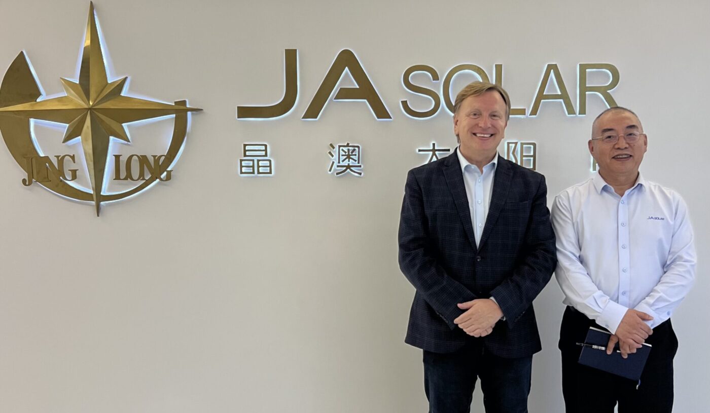 Pictured at the Global Headquarters of JA Solar in Beijing, L-R, CEO of the Alliance, Glenn Mandziuk, and Senior Vice President of JA Solar and Senior Strategic Advisor at the Alliance, Mr Sun Guangbin.